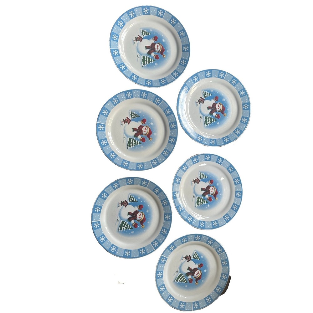 Merry Brite Snowman Dinner Plates Set Of 6 Blue Snowflake Border Holiday
